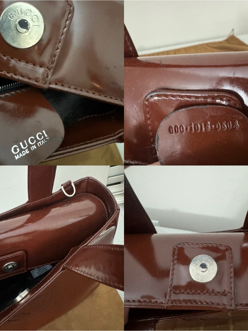 Authentic Gucci Glossy Brown Patent Leather Satchel with Double G Emboss - Picture 15 of 16